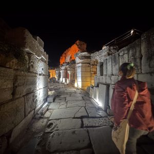 Walking through the ancient streets of Ephesus at night