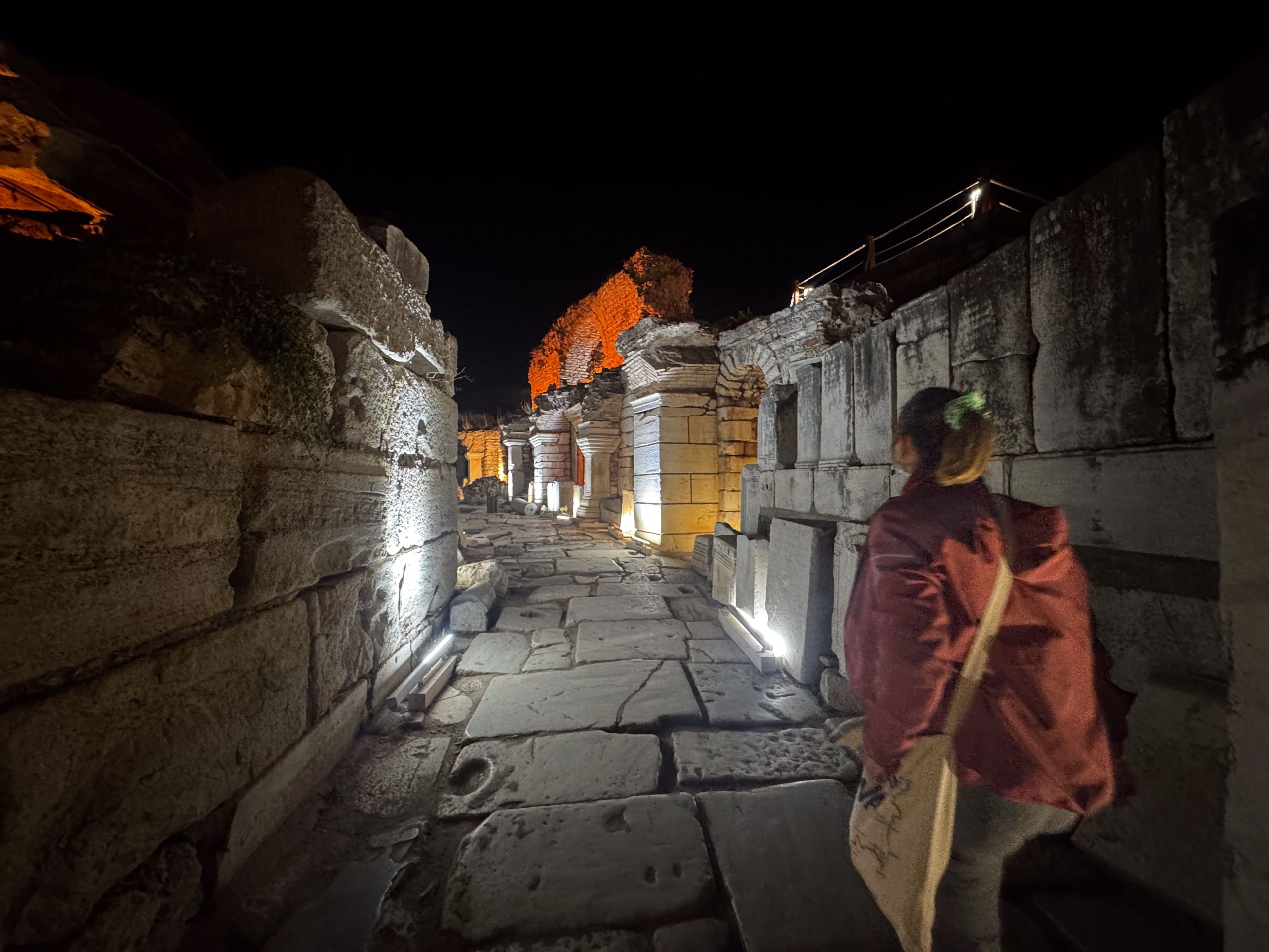 Walking through the ancient streets of Ephesus at night